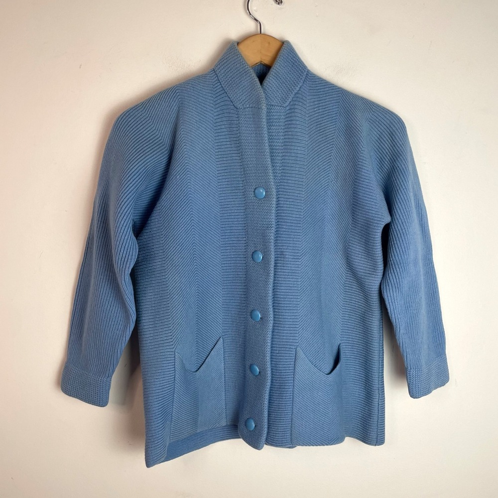 Vintage Blue Knit Cardigan Jacket Shawl Collar Small 60s Retro Mod Ladylike